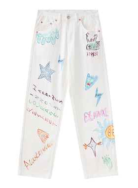 DESIGNSECRETS 25FW白色彩绘涂鸦闪电牛仔裤男美式高街休闲弯刀裤