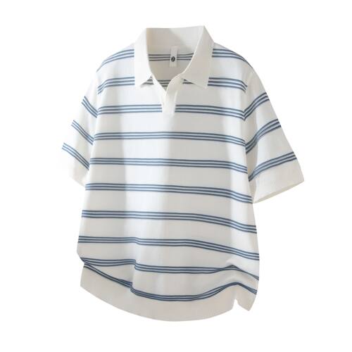 日本品牌条纹V领POLO衫T恤男夏季