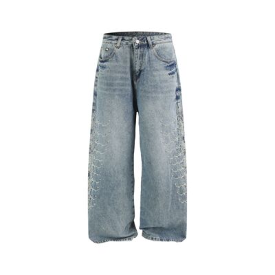 蛇瞳脊骨金属柳钉刺绣牛仔裤男女