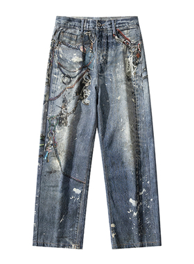 DESIGNSECRETS 25FW美式立体印花链条泼墨牛仔裤男设计感休闲裤子