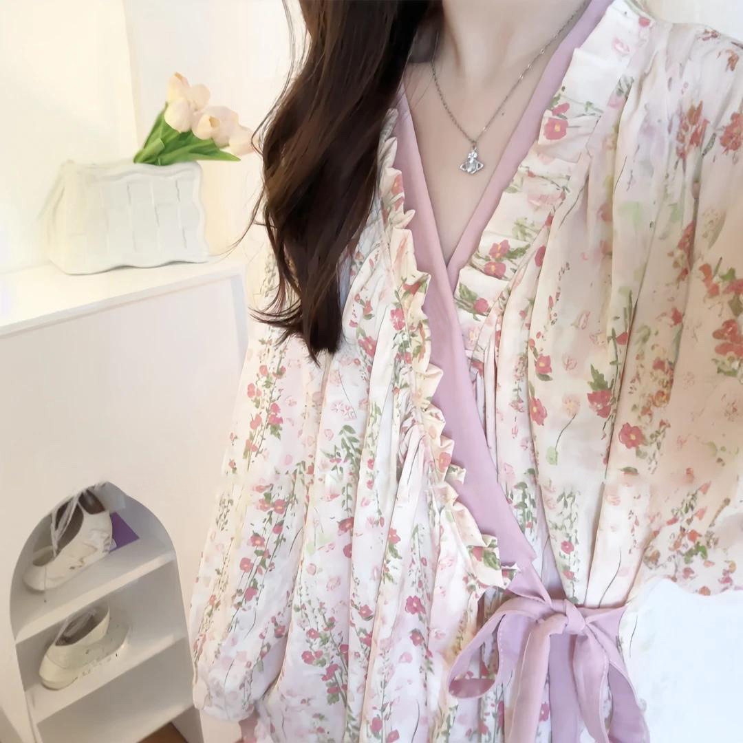 甜美碎花云朵棉睡袍女春秋V领