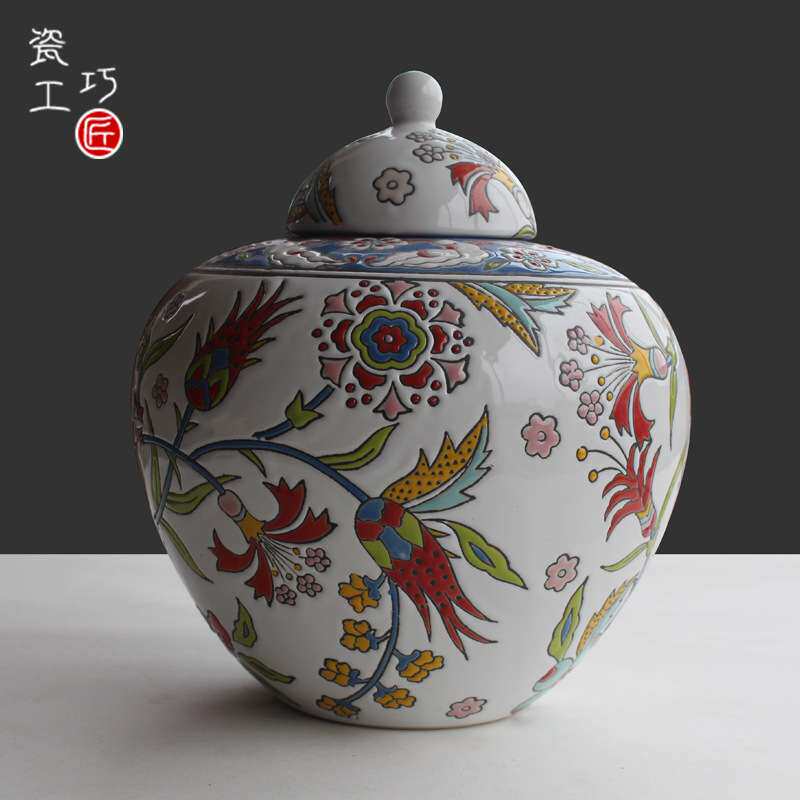 欧式青花瓷手绘喜字陶瓷罐摆件中式古典软装客厅餐桌装饰花瓶摆设