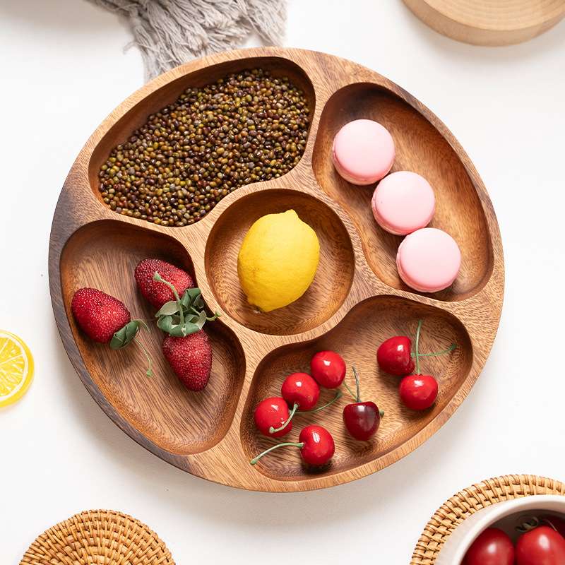 圆形实木分格盘创意家用五格盘干果盘子日式茶点盘柚木托盘分格盘