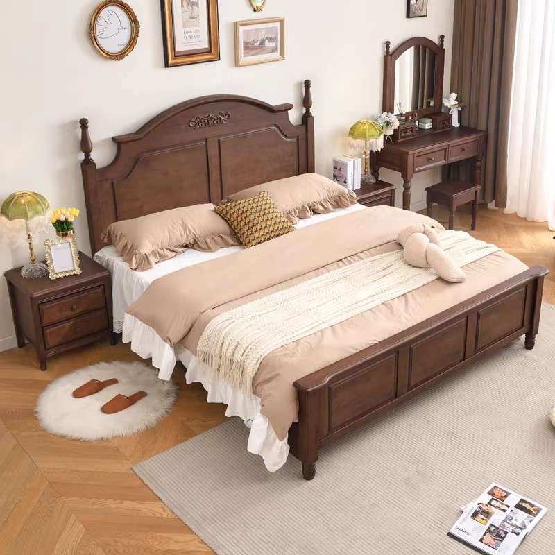 美式乡村实木双人大床现代简约主卧室婚床轻奢高箱储物橡胶木家具