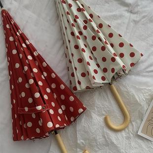 高级感港式长柄雨伞女波点16骨加大雨伞折叠自动结实晴雨两用