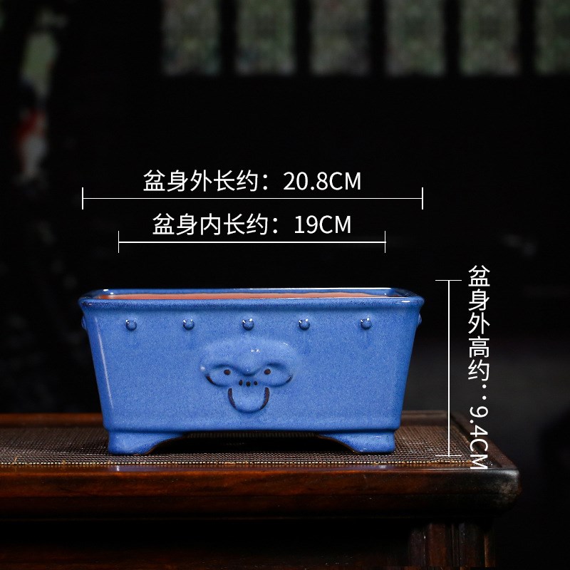 宜兴紫砂陶瓷花盆兽面鼓丁大号方口盆半身釉粗陶透气孔简约盆