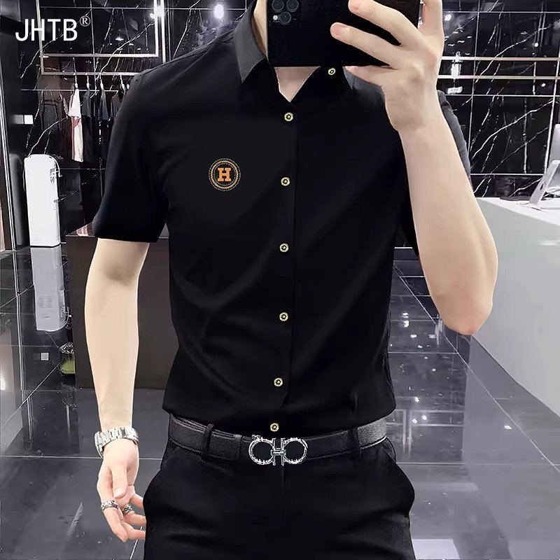 短袖衬衫休闲高端薄款弹力冰丝男欧洲站免烫抗皱烫金修身衬衣爆款