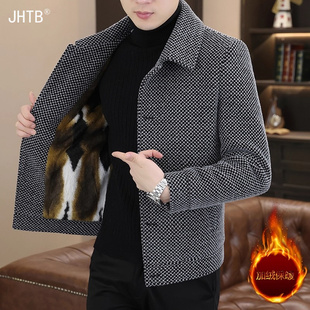 秋冬季休闲外套男士加绒翻领毛呢大衣短款潮流男装金貂绒呢子夹克