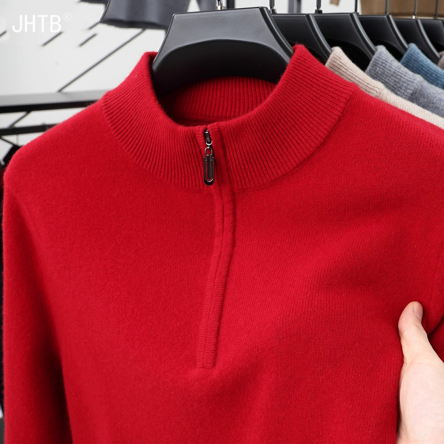 鄂尔多斯市羊绒衫100%纯羊绒男半高领拉链针织衫毛衣本命年大红色