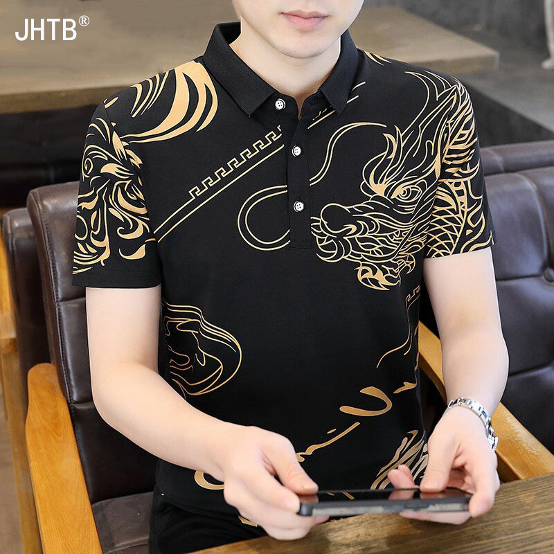 短袖t恤男士2026夏季新款纯棉薄款中国龙印花上衣男V翻领polo衫男