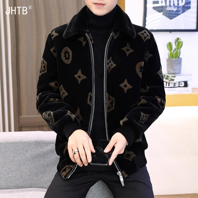 冬季金貂绒外套男毛呢大衣加厚保暖青年翻领帅气皮毛一体绒夹克