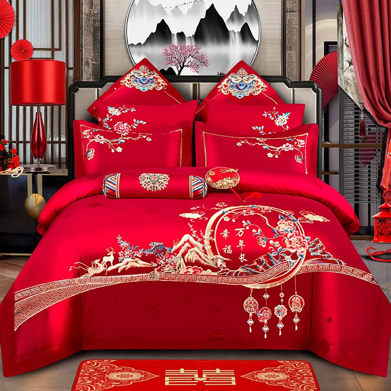100s长绒棉四件套婚庆四件套AB版多件套刺绣结婚红色婚庆用品