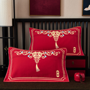 四层纱 75CM一对装 全棉大红枕巾 高档情侣枕巾婚庆结婚床上用品50