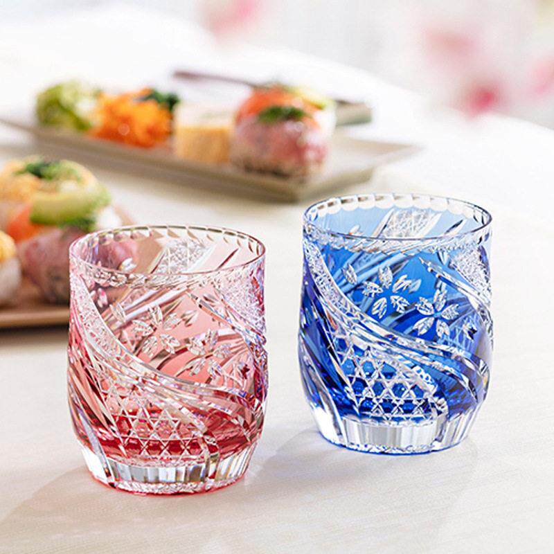 新品日本KAGAMI江户切子水晶玻璃落樱流水威士忌洋酒杯洛克杯对杯
