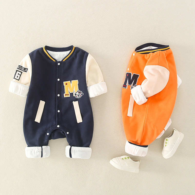 网红新生婴儿儿春装连体衣套装男宝宝双层棒球服春秋外穿哈衣爬服