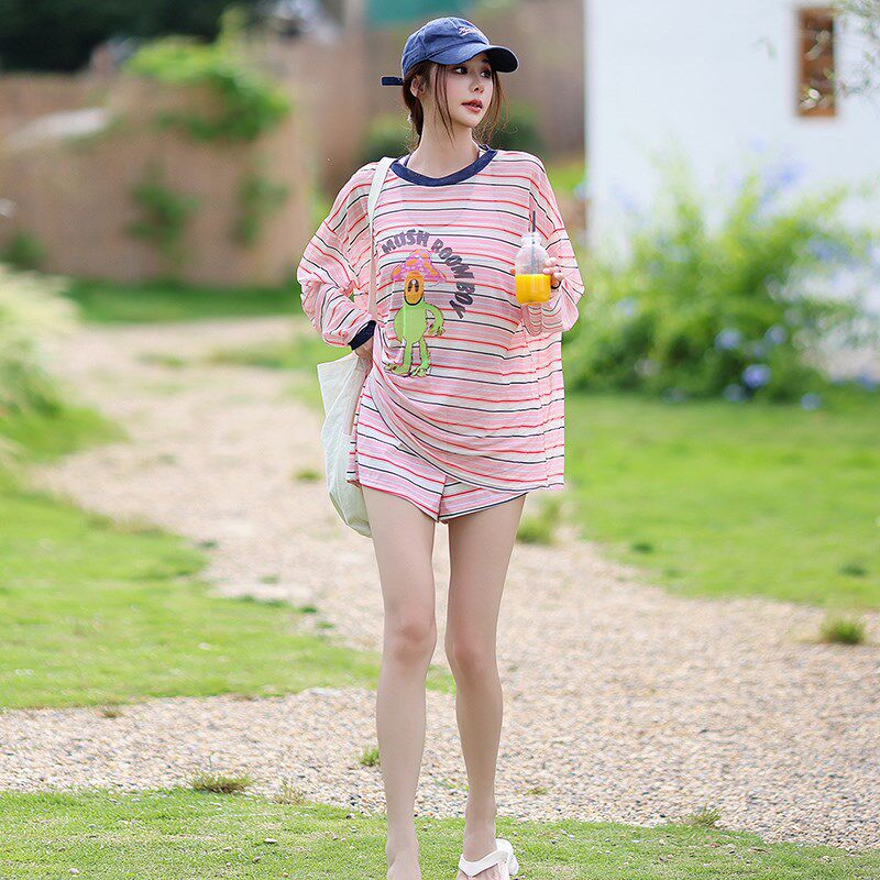 韩版粉色b条纹泳衣女分体三件套罩衫长袖防晒保守遮肉显瘦遮肚子