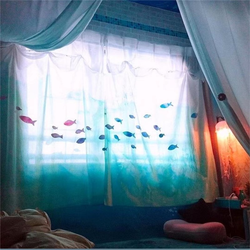 窗上的海 梦幻纱帘透光不透人高级感刺绣鱼群窗纱免打孔薄纱