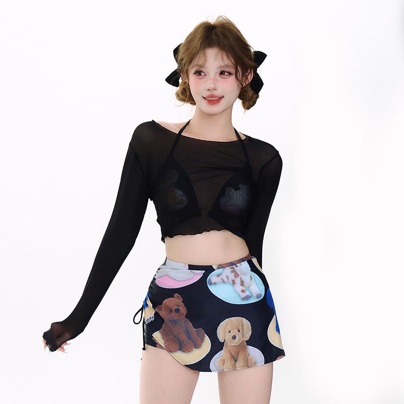 涵韵海少女e泳衣辣妹绝美可爱分体比基尼小胸聚拢裙式长袖罩衫防