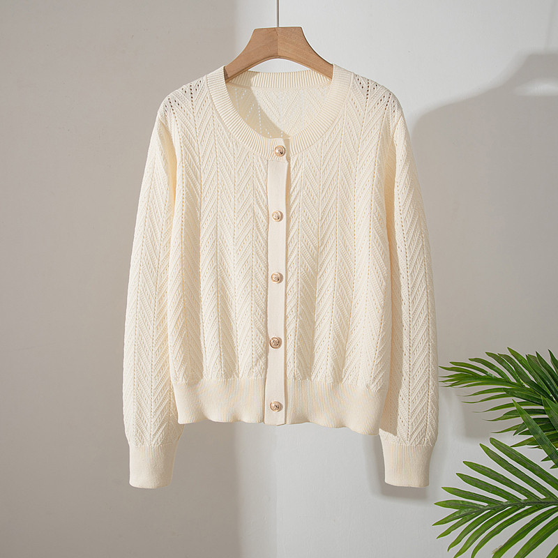 温柔风100%纯棉镂空针织开衫女单排扣百搭薄款防晒外套米白色毛衫