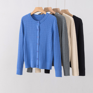 喜棉格精梳纯棉针织衫圆领开衫女宽松休闲上衣春秋装麻花毛衣外套