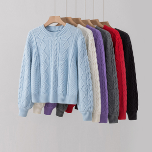 喜棉格100%纯棉毛衣女圆领加厚宽松针织打底衫 套头内搭全棉上衣