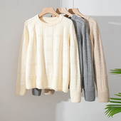 不起球不缩水100%纯棉圆领绞花针织衫 女套头加厚毛衣打底衫 慵懒风