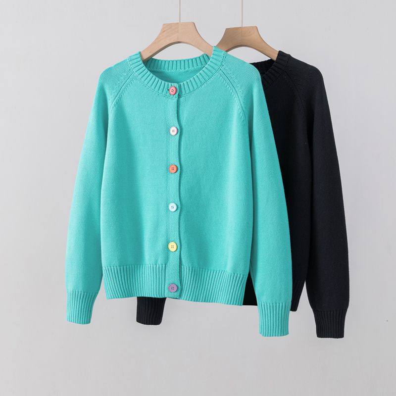 彩扣系外搭圆领100%纯棉针织开衫