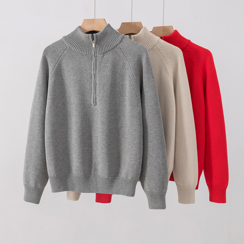 100%纯棉毛衣女半拉链高领针织衫