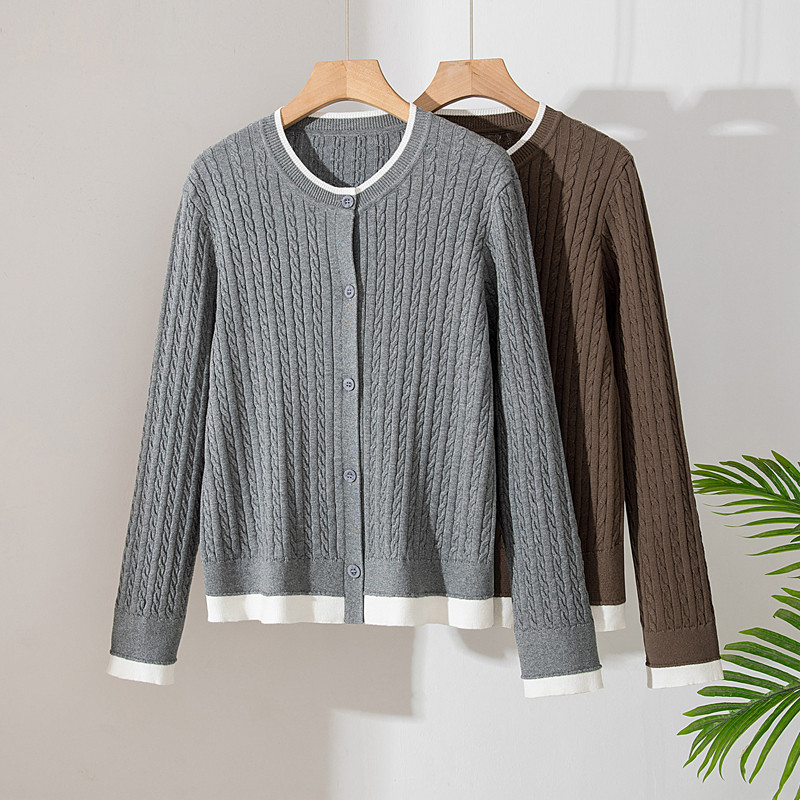 100%纯棉撞色边麻花纹针织开衫女春季薄款修身显瘦假两件毛衣外套