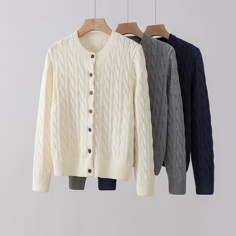 100%纯棉针织开衫女圆领宽松毛衣