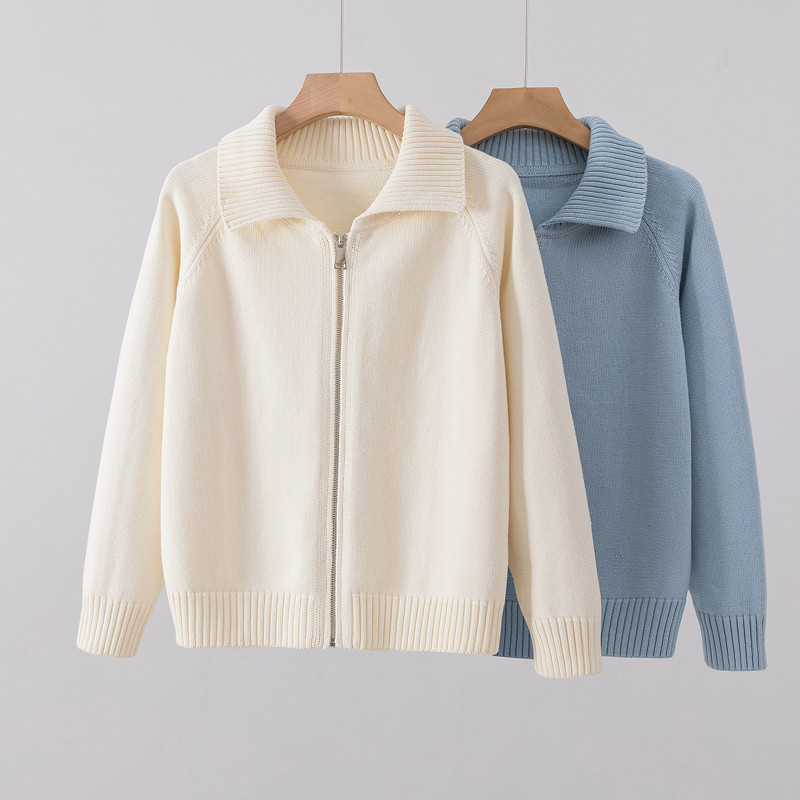 美式复古100%纯棉拉链针织开衫女