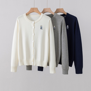 韩系春季穿搭100%纯棉针织开衫女外套早春装薄款圆领毛衣48S精纺