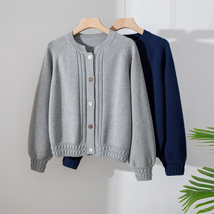 100%纯棉毛衣女圆领厚款宽松短款显瘦气质外搭泡泡袖针织开衫新品