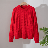 红色麻花纹100%棉圆领针织衫 女套头毛衣百搭打底衫 宽松上衣不起球