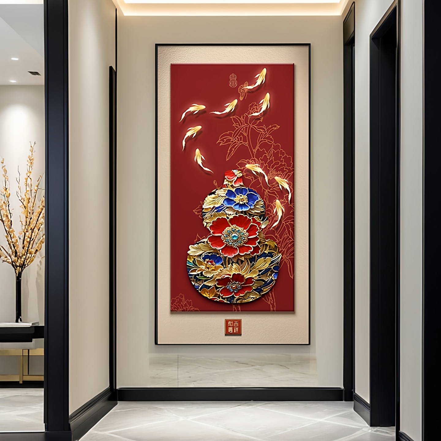 九鱼纳福玄关装饰画新中式入户正对门挂画葫芦寓意好走廊过道壁画图片