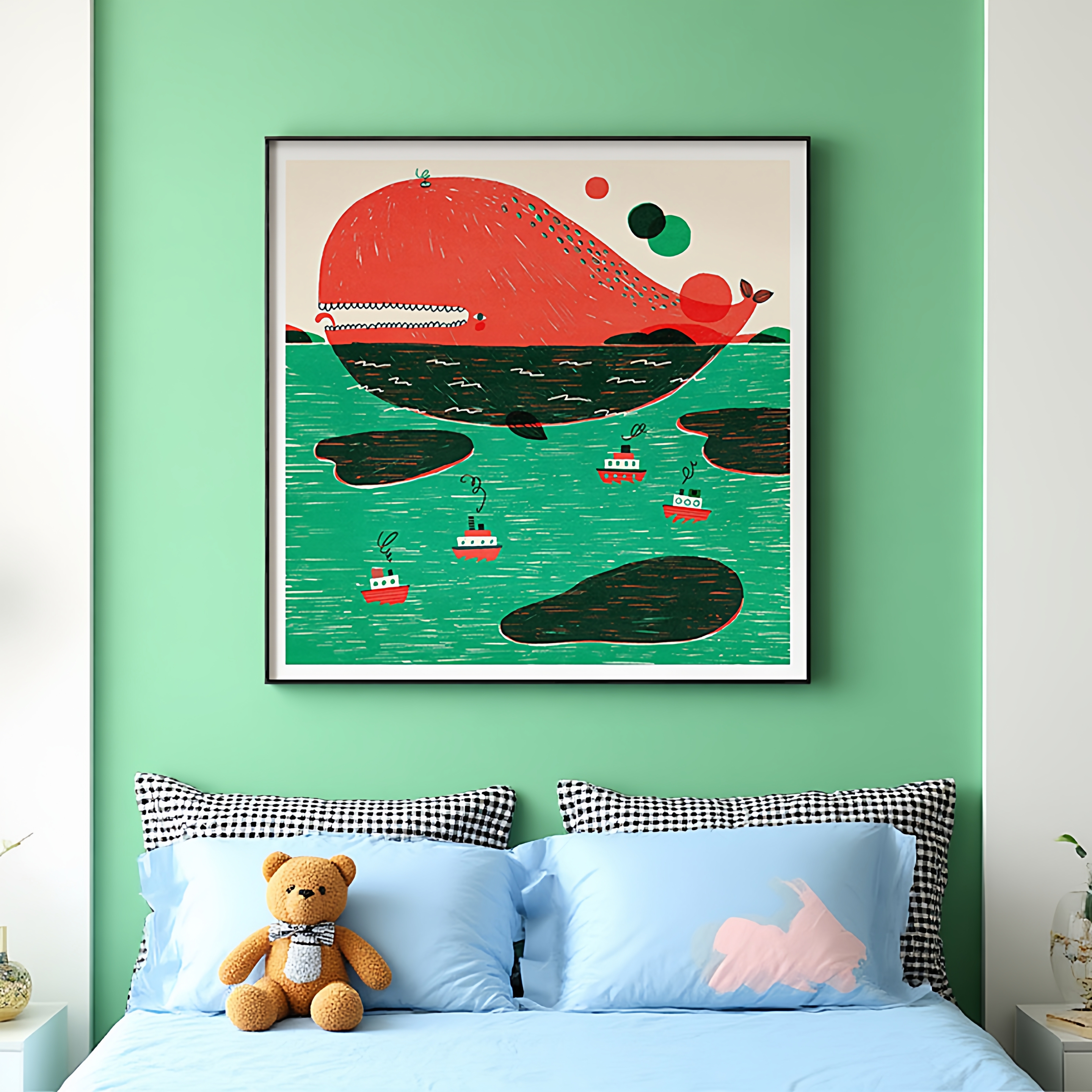 可爱卡通动漫卧室床头装饰画鲸鱼儿童房小众艺术壁画客厅走廊挂画图片