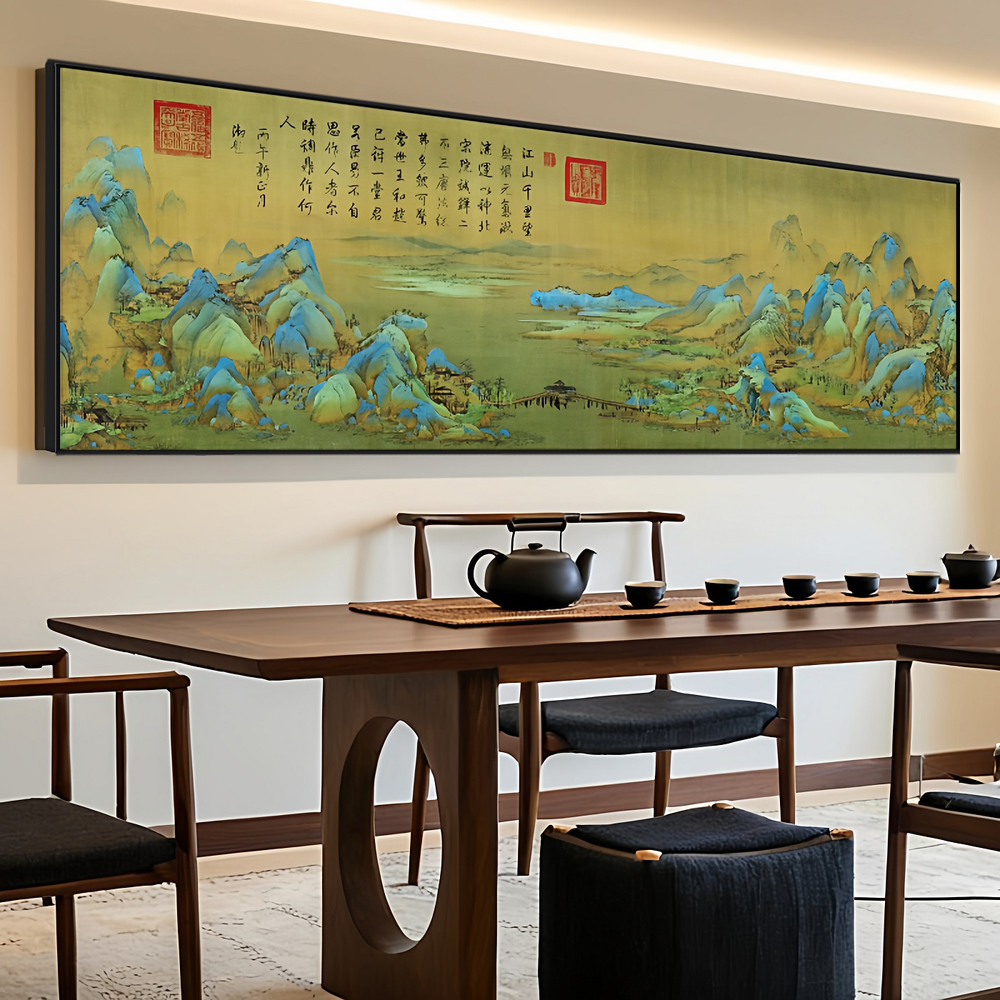 千里江山图挂画茶室背景墙山水画客厅装饰画办公室十大名画字画图片