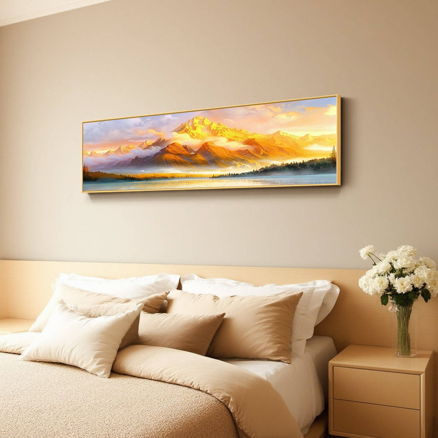 日照金山床头装饰画主卧高级感挂画西墙背有靠山客厅卧室轻奢壁画