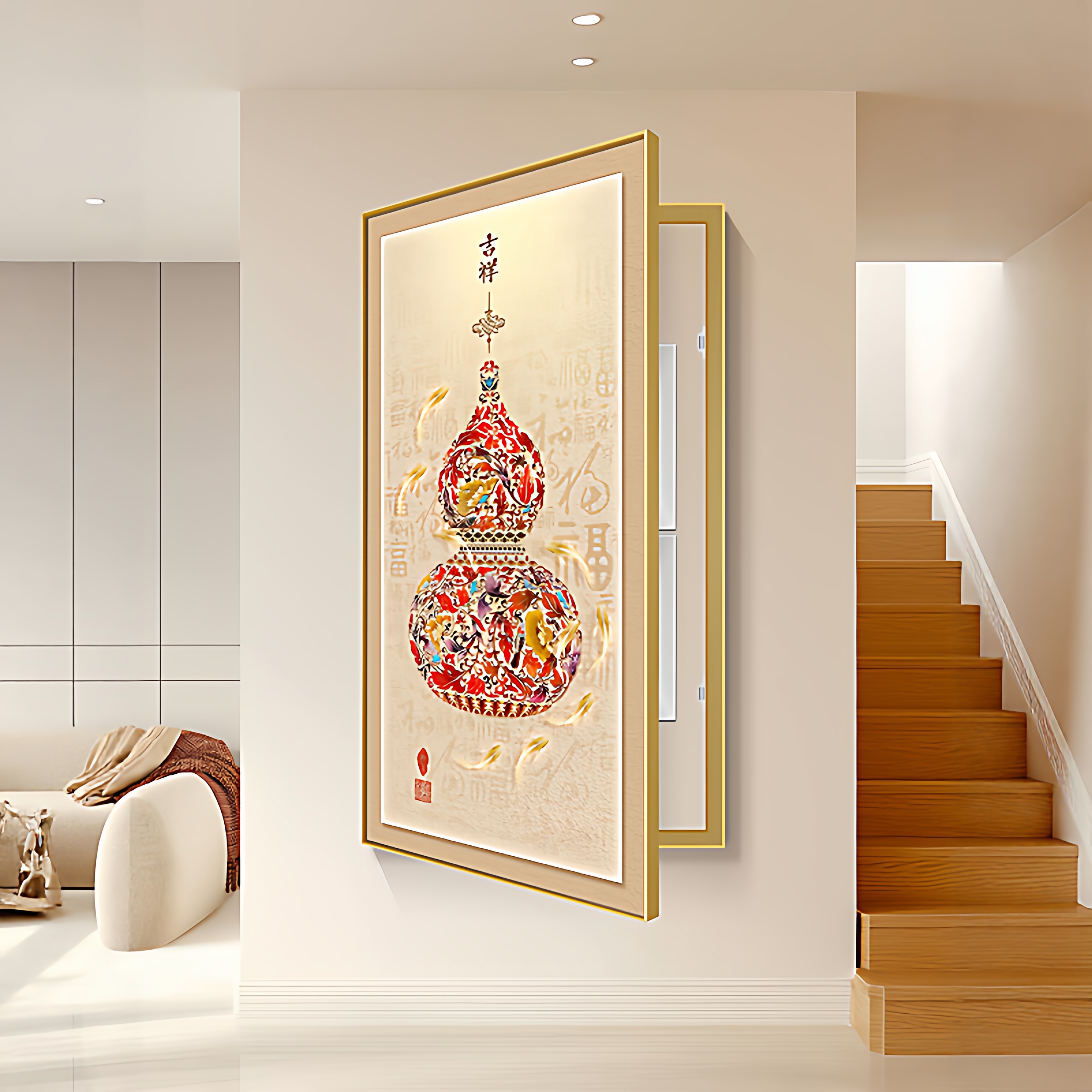 福禄葫芦大尺寸玄关装饰画定制电表箱大幅挂画竖版电闸箱遮挡壁画图片