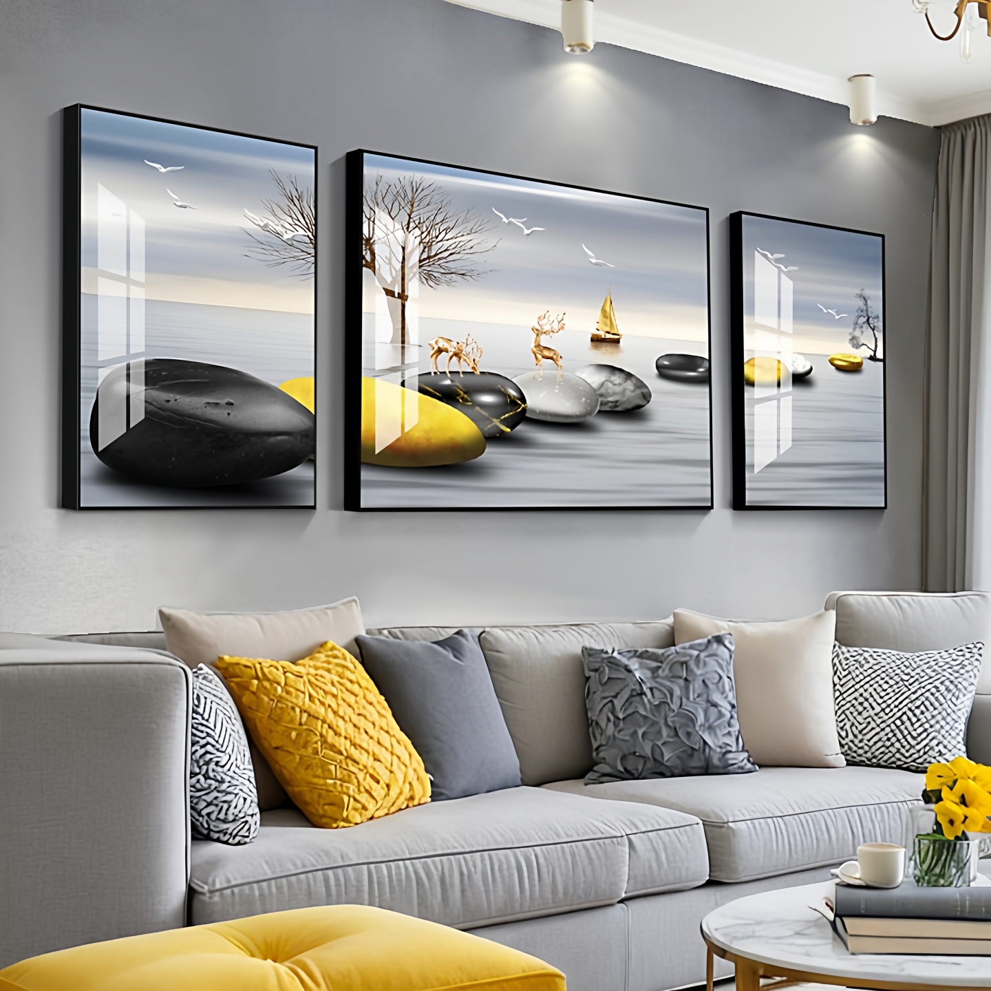 客厅装饰画沙发背景墙招财挂画石来运转现代简约大气三联晶瓷壁画