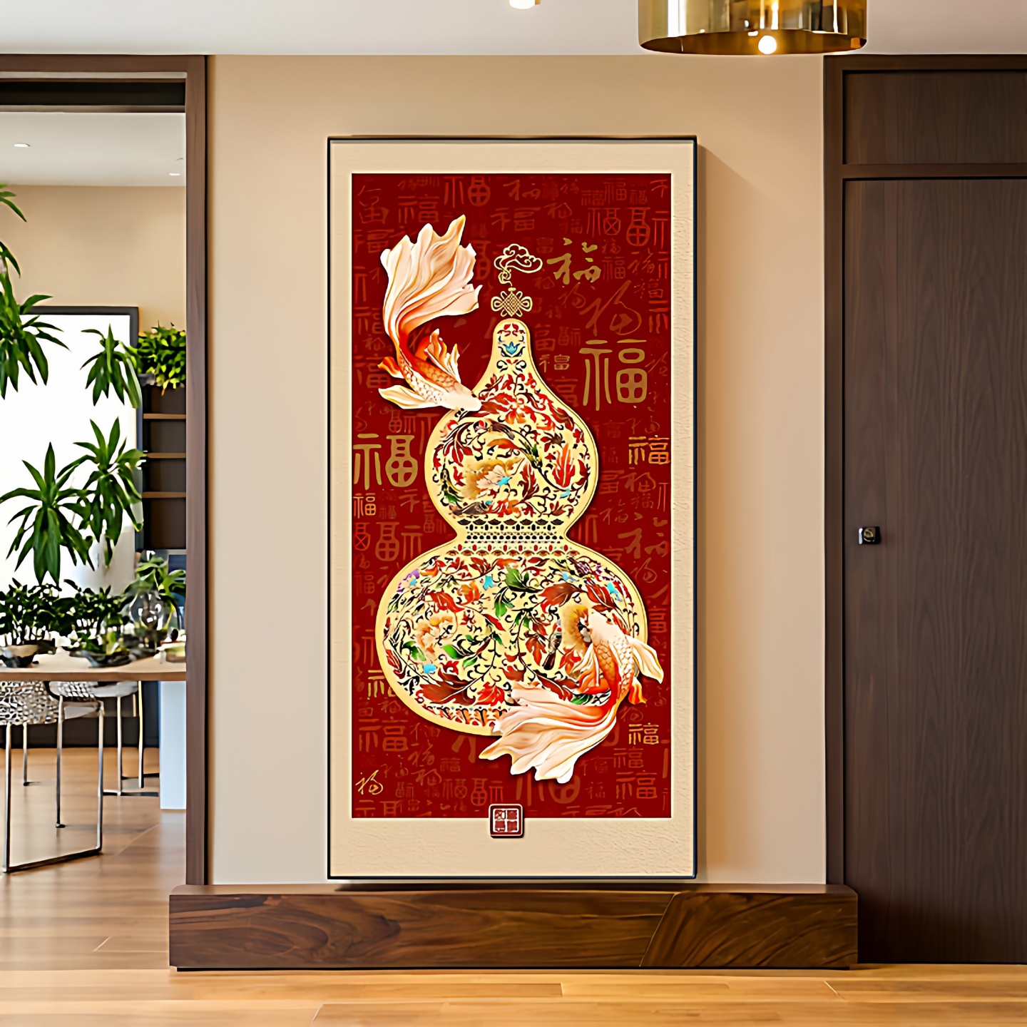 新中式福禄葫芦玄关挂画客厅过道壁画红色百福图入户正对门装饰画图片