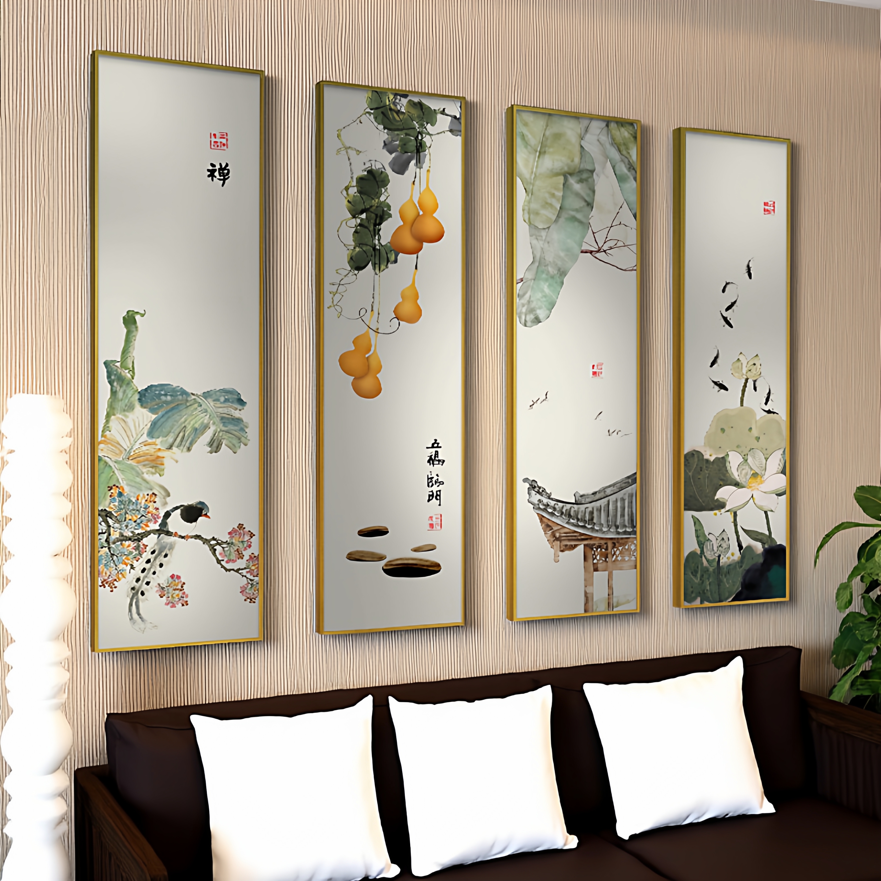 新中式客厅沙发背景墙装饰画花卉餐厅挂画餐桌墙面壁画四联画图片