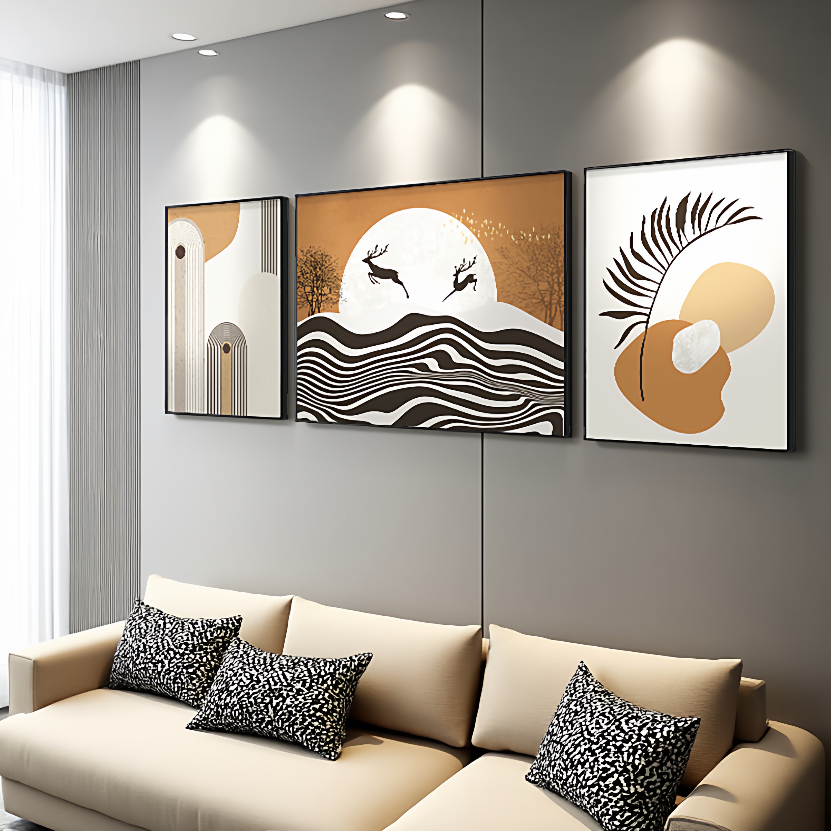 现代简约福鹿客厅装饰画三联组合沙发背景墙挂画抽象橙色线条壁画图片