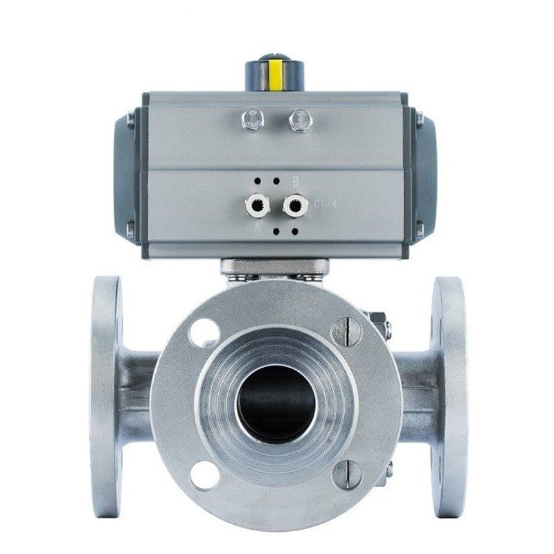 304不锈钢气动三通法兰球阀Q644/5F-16P双作用L型T型转换向切断阀