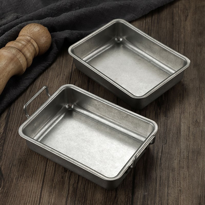 不锈钢复古小吃盘做旧凉菜盘日式甜品方盒油炸鸡盘果盘菜盘子