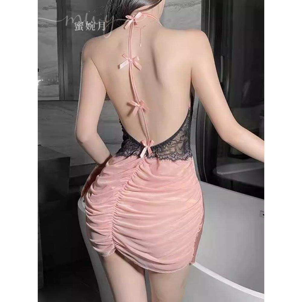 Mi Wanyue性感冰丝绸露背吊带睡衣与乳房垫的女孩，纯粹的欲望，