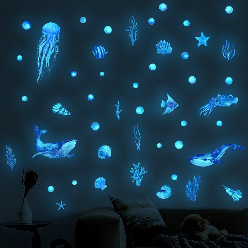 海洋题装饰夜光墙纸儿童房卧室夜光纸自粘防水墙画