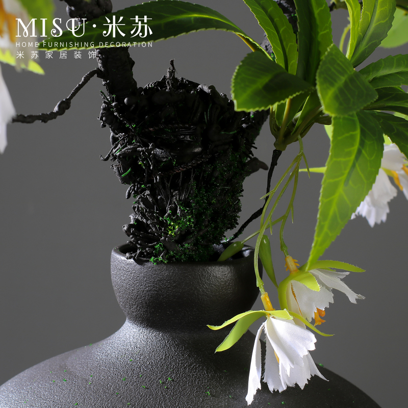 中式陶瓷花瓶摆件侘寂风枯藤假花客厅玄关酒店装饰品餐桌仿真花盆