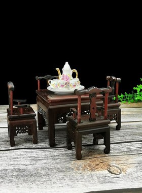 紫檀微型方桌古典桌椅模型蛋糕装饰椅子复古迷你娃屋明清家具摆件