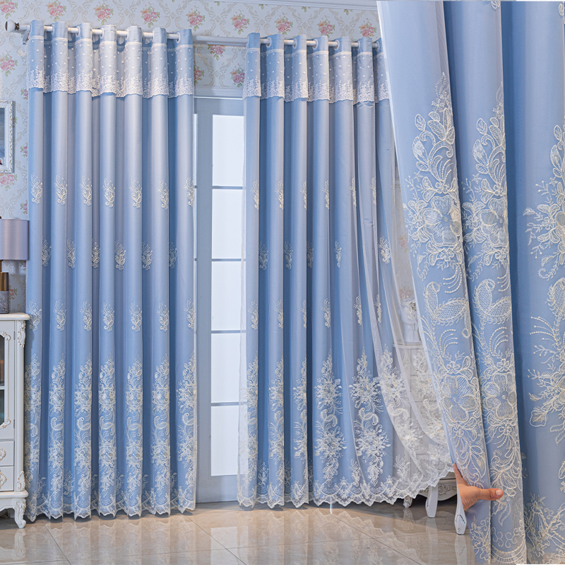简欧定制加厚绣花层窗帘纯色客厅卧室222新款遮光窗帘布纱一体